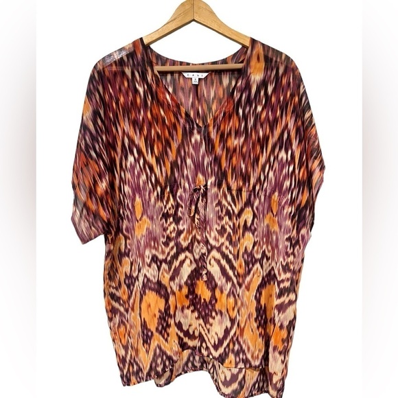 Cabi Sheer Tunic Top Flowy Over Sized Orange and Red Waist Sinch Size Small - Picture 2 of 9